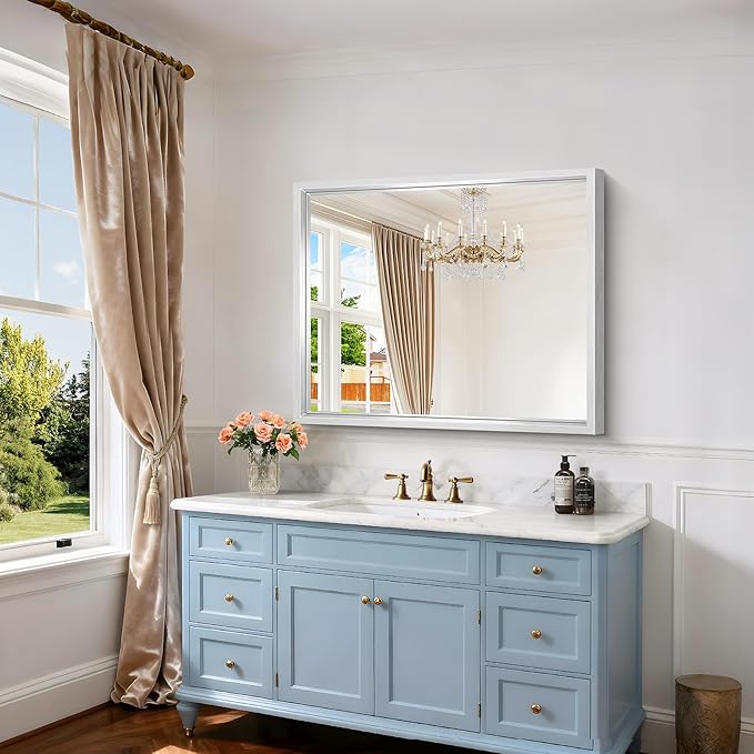 Silver Bathroom Mirror, 36 x 30 Inch Rectangular Wall Mirror 0.6" Thickened