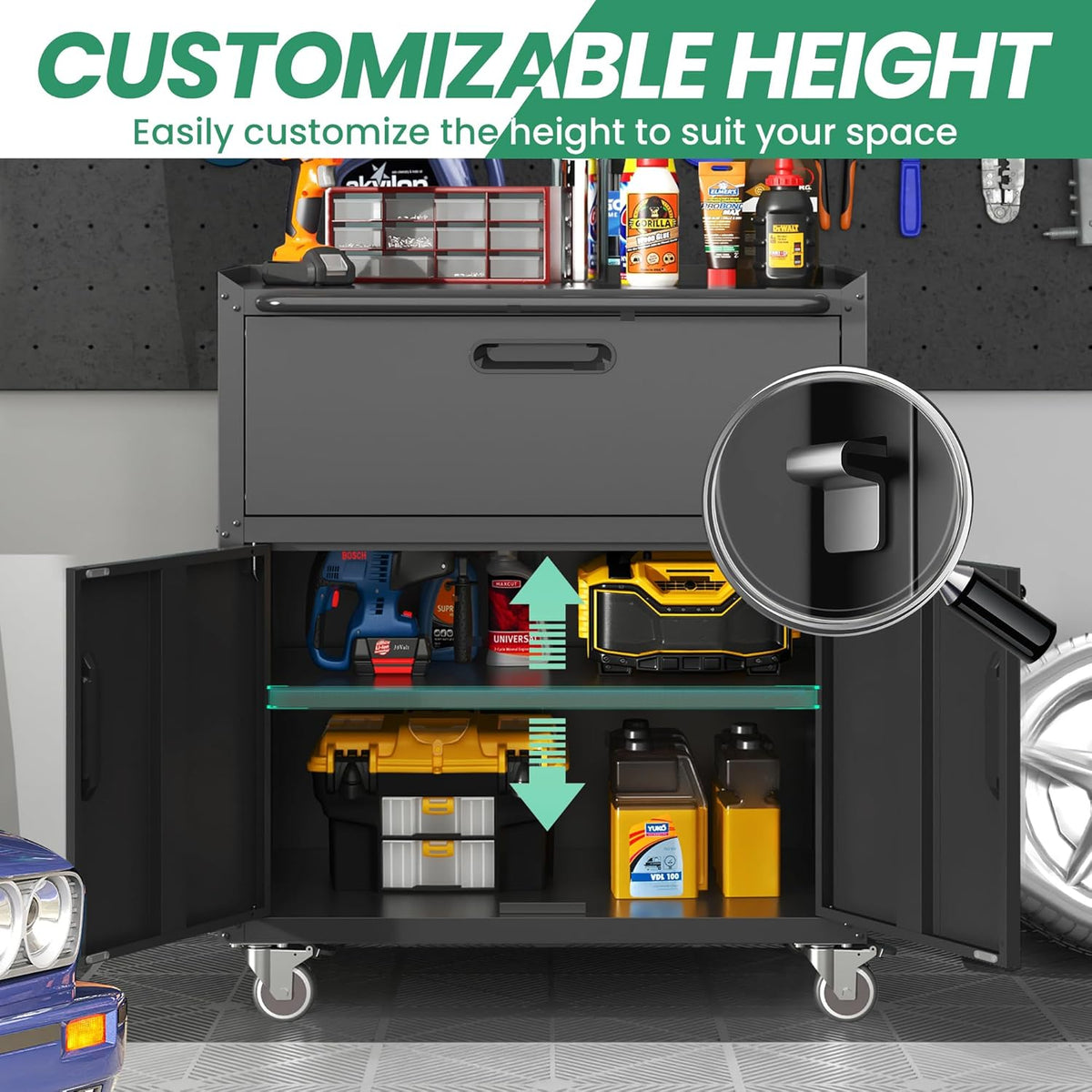 garage cabinets,metal garage storage cabinet with wheels,black lockable, side view