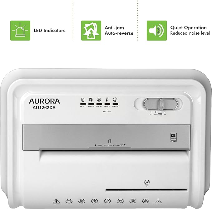 Aurora AU1262XA Anti-Jam 12-Sheet Crosscut Paper and CD/Credit Card Shredder