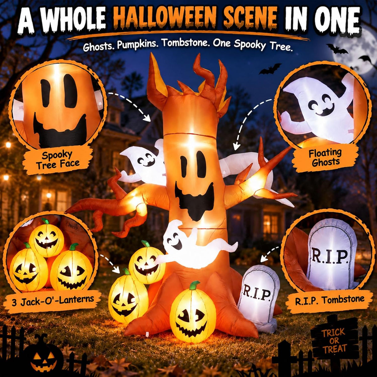 8FT Halloween Inflatable Ghost Tree Decoration with Pumpkins, Tombstone