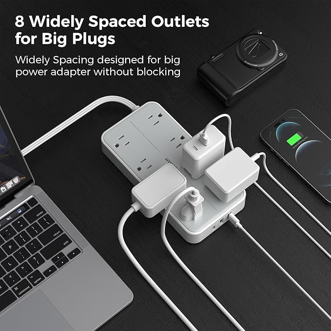 Flat Plug 15 FT Extension Cord, TESSAN Surge Protector Power Strip
