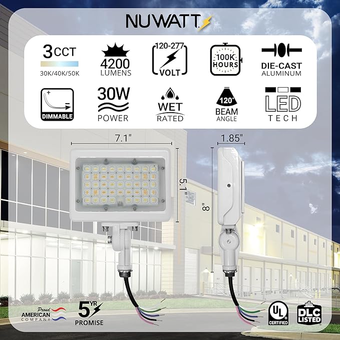 NUWATT 30W LED Flood Light, 3CCT 3000K/4000K/5000K Selectable, IP65 Waterproof