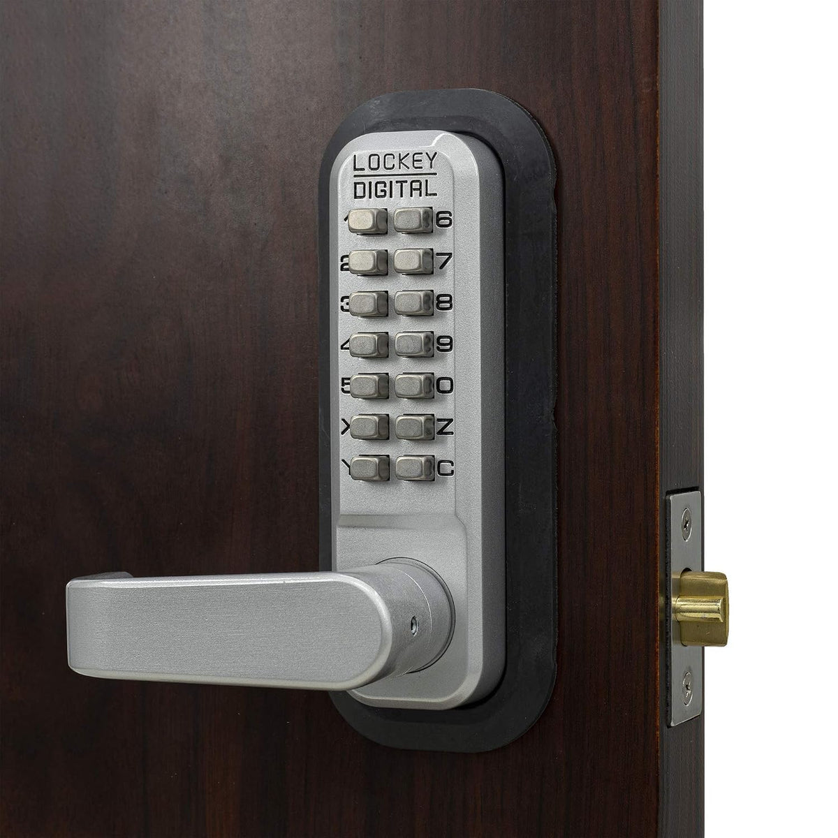 2835mgdc mechanical, keyless lever lock shown in use