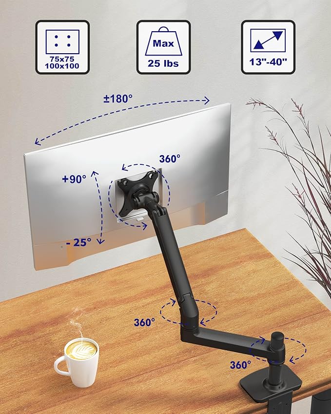 Ergounion Single Monitor Arm Desk Mount, Holds Screens up to 40 Inches and 25
