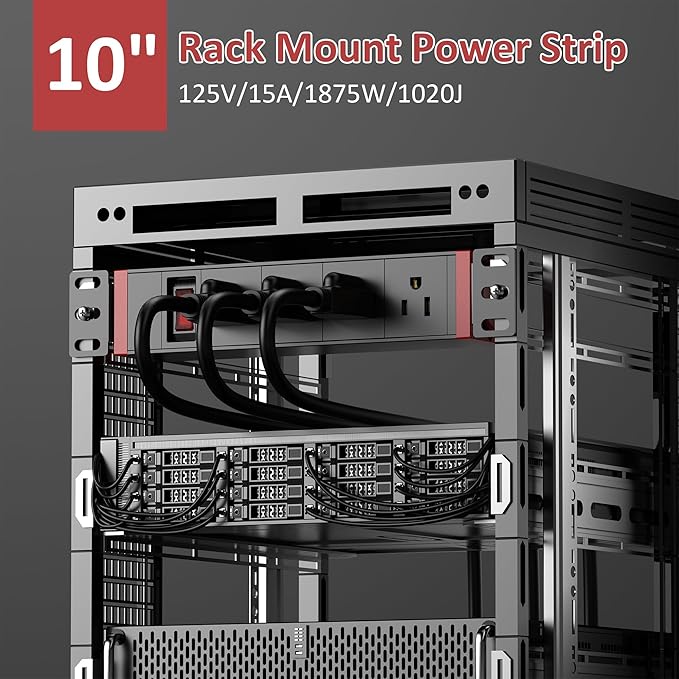 10 Inch Rack PDU Power Strip, 1U RackMount Surge Protector Power Strip with15A