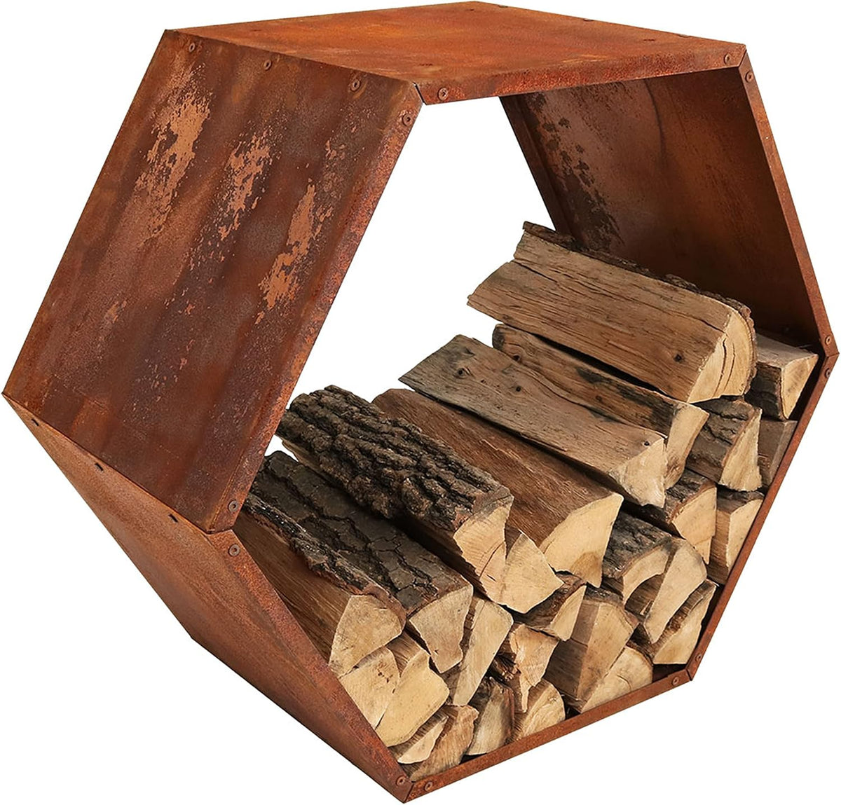 Sunnydaze Steel Outdoor Firewood Rack, 30” W, Hexagon, Bronze