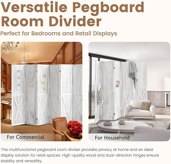 ALeesing 6 Panel Pegboard Room Divider, 5.6Ft Pegboard Display Folding Privacy