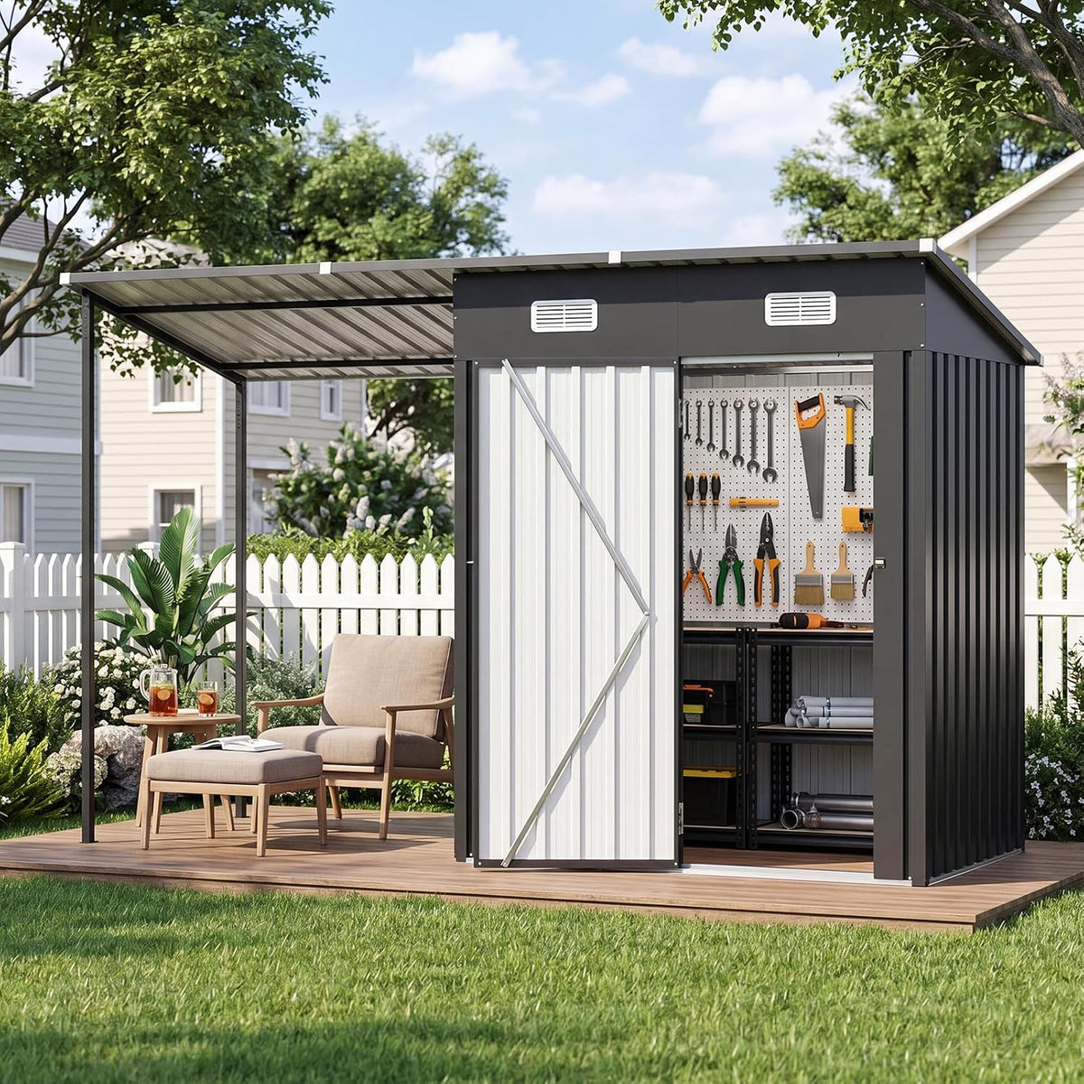 Aoxun 5x3FT Outdoor Storage Shed & Hardtop Canopy Gazebo Combo