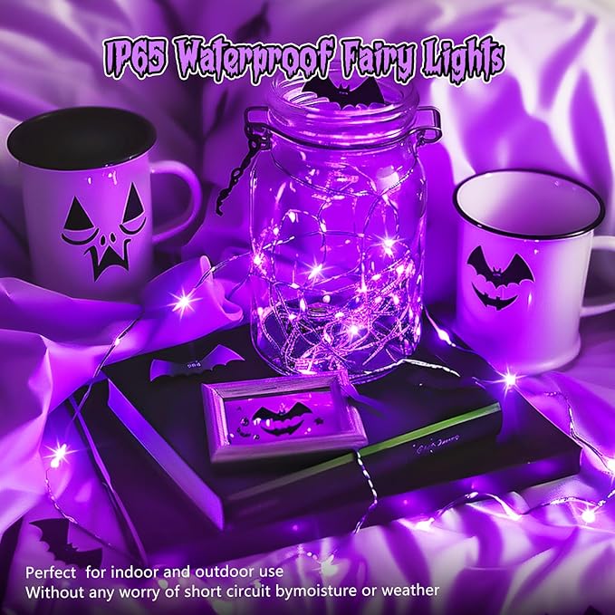 Minetom 6 Pack Purple Fairy Lights Battery Operated with Timer - 7ft 20 LED Waterproof Short Micro Firefly Lights for Halloween Decor, Pumpkin DIY Craft, Paper Lantern Decoration