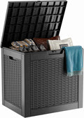 PatioZen 31 Gallon Wicker Pattern Resin Deck Box, Lockable Patio Outdoor Storage Box for Furniture, Garden Tools and Tools Storage, Waterproof Outside Storage Box (Black)