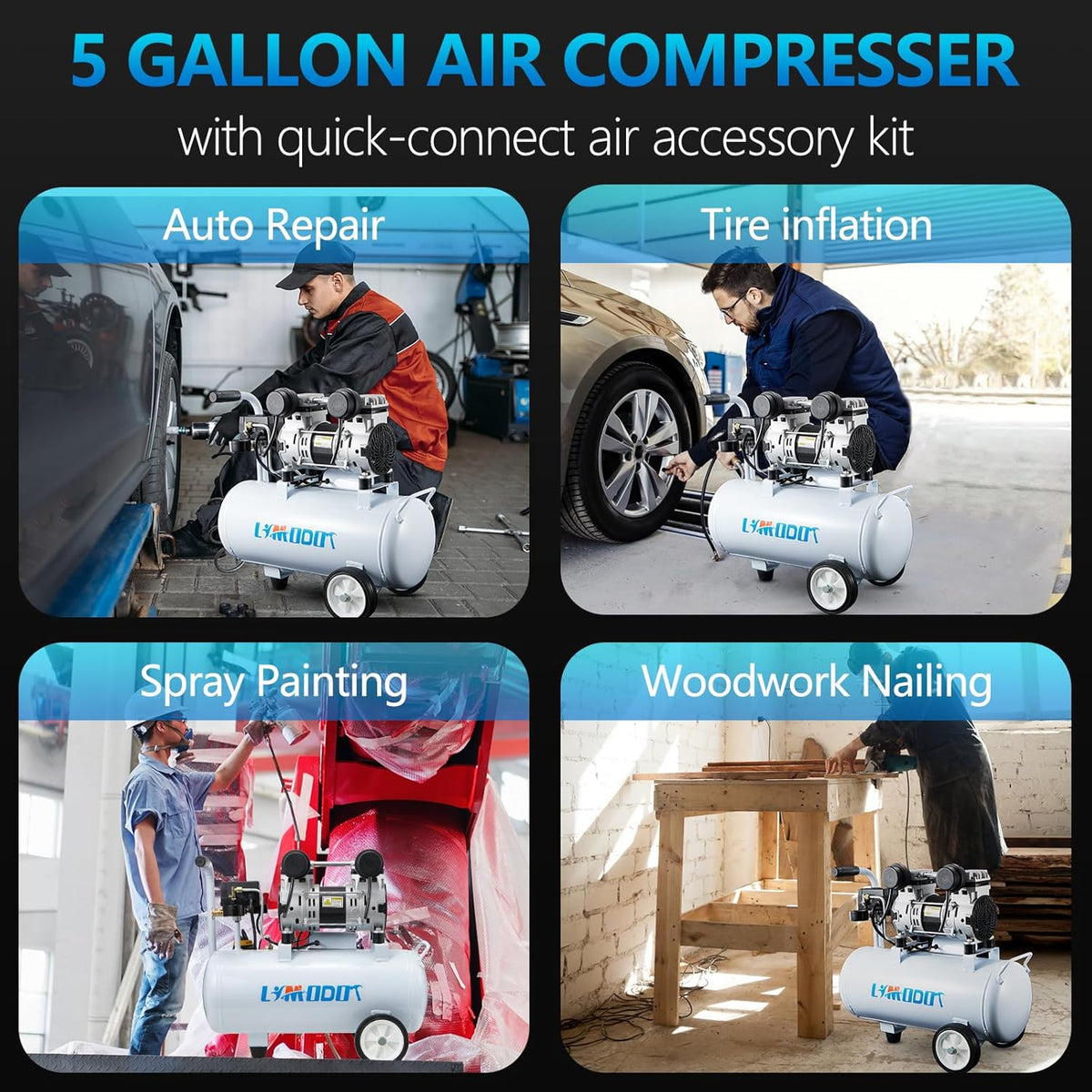 Quiet Oil-Free Air Compressor, 68 dB, 2.8 CFM @ 90 PSI, 5 Gallon Air Tank