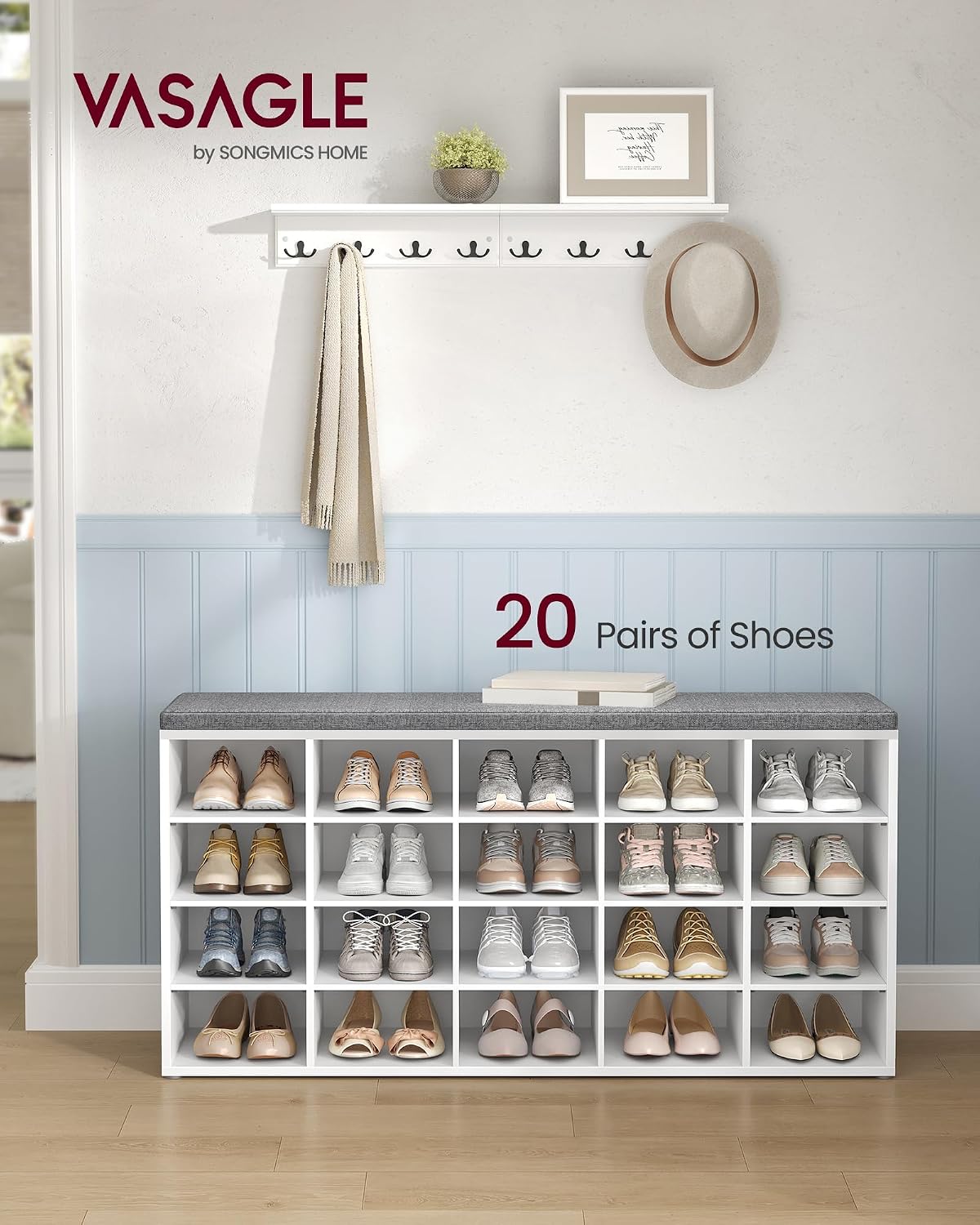 vasagle shoe bench with cushion, 20 compartments, 12 shown in use
