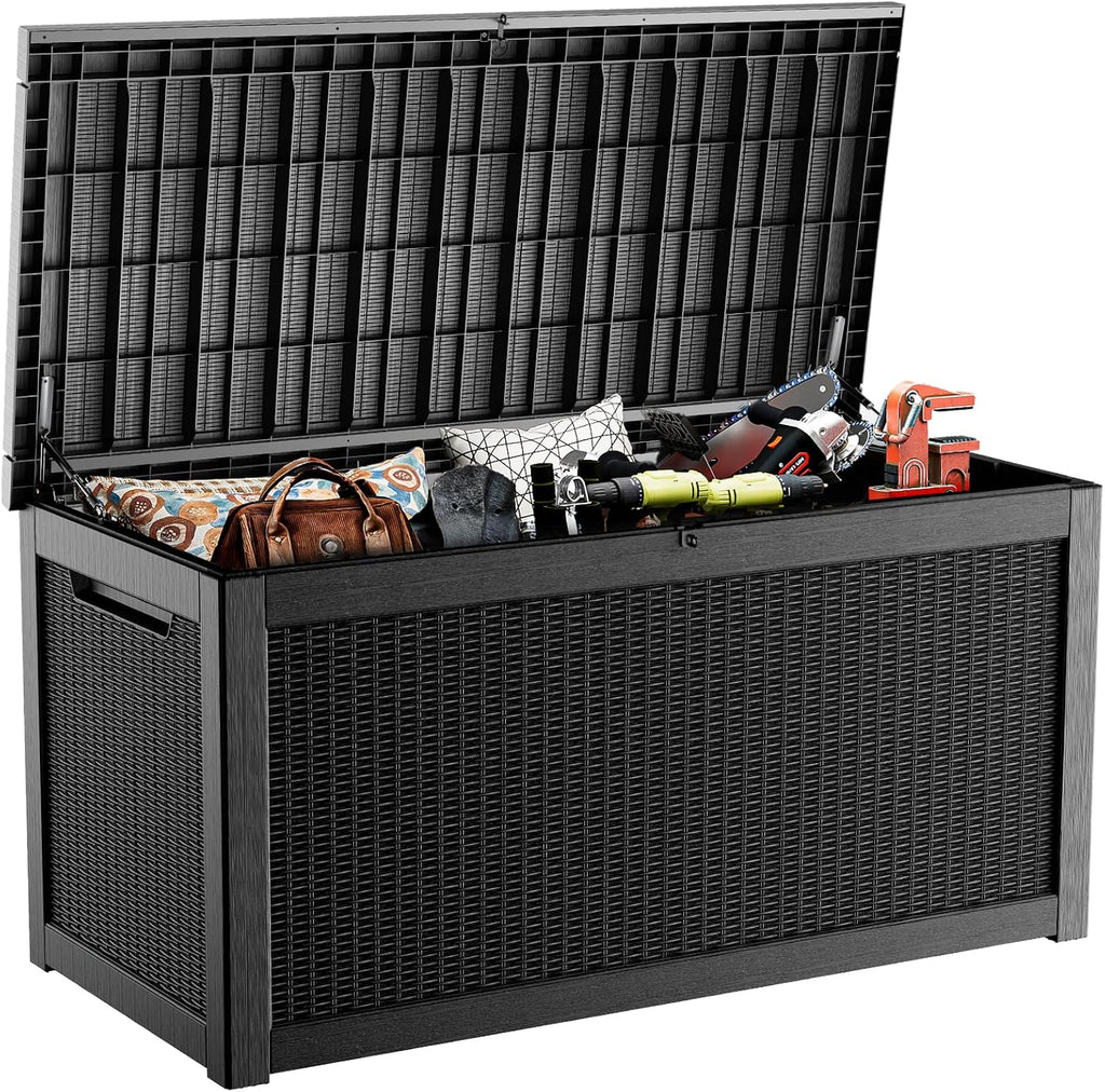 ROJIK Outdoor Storage Housing Deck Box,Waterproof Patio Furniture, Garden Tools, Cushions, Pool Accessories Storage Bench with Lockable Lid and Side Handles (Black,320 Gallon)