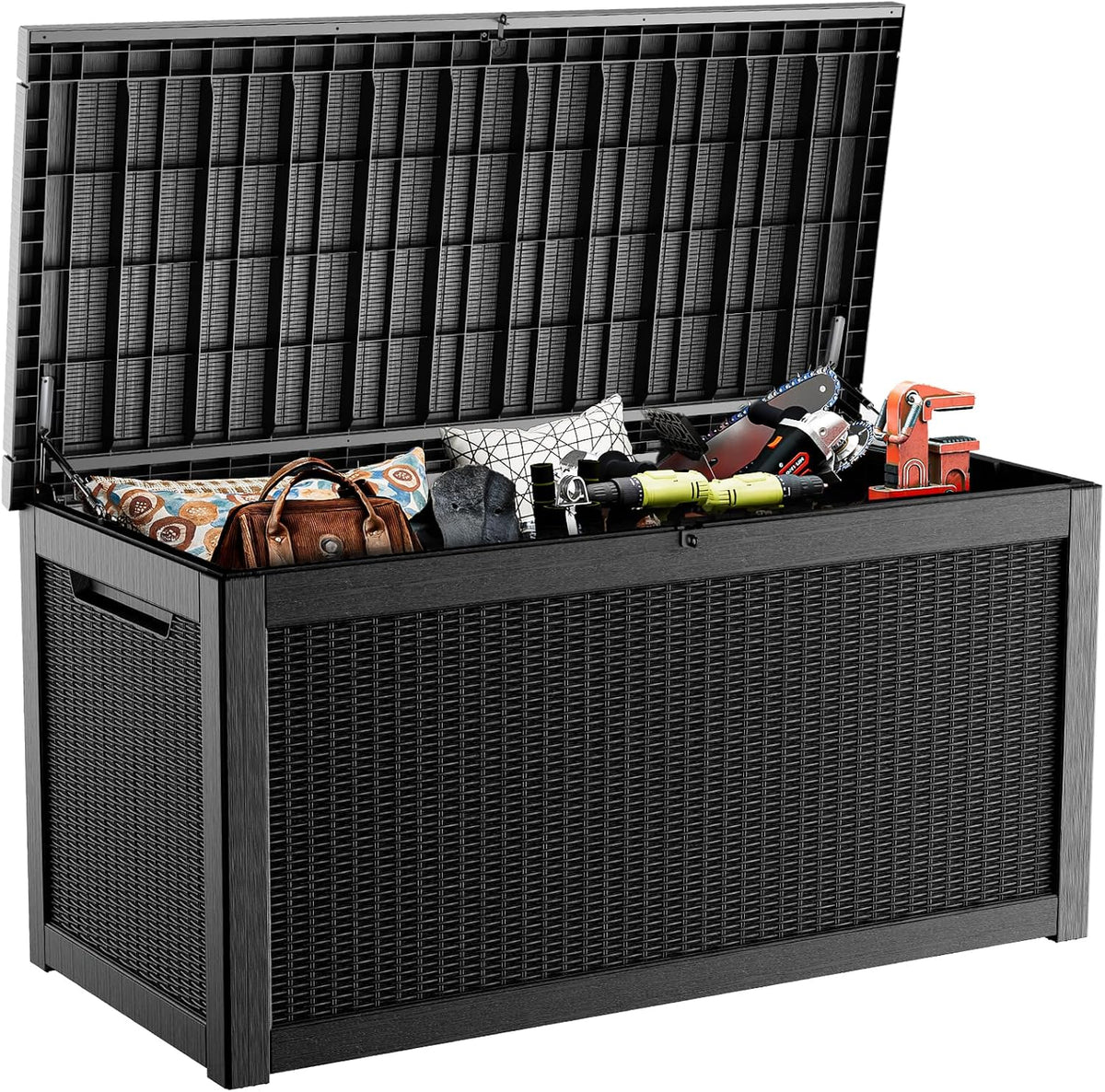 ROJIK Outdoor Storage Housing Deck Box,Waterproof Patio Furniture, Garden Tools, Cushions, Pool Accessories Storage Bench with Lockable Lid and Side Handles (Black,320 Gallon)