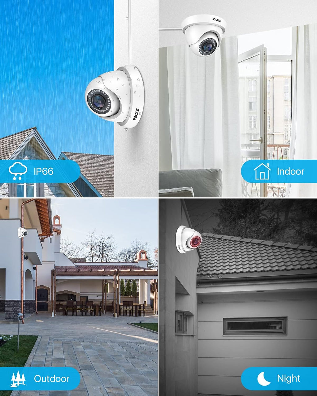 zosi 4 pack 1080p security cameras,night vision,2mp outdoor, close-up detail