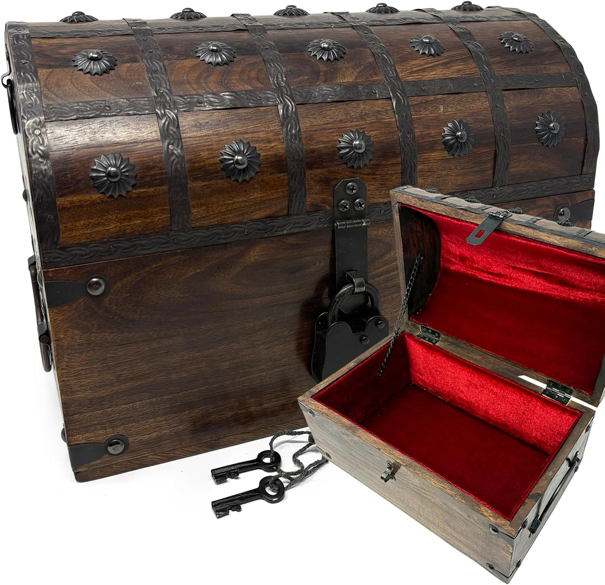 Nautical Cove Wooden Treasure Chest with Padded Velvet Lining and Antique Lock with Skeleton Keys (Large 13x8x8.75) – Luxury Wood Pirate Chest, Decorative Box with Lid, Wooden Lock Box, Pirate