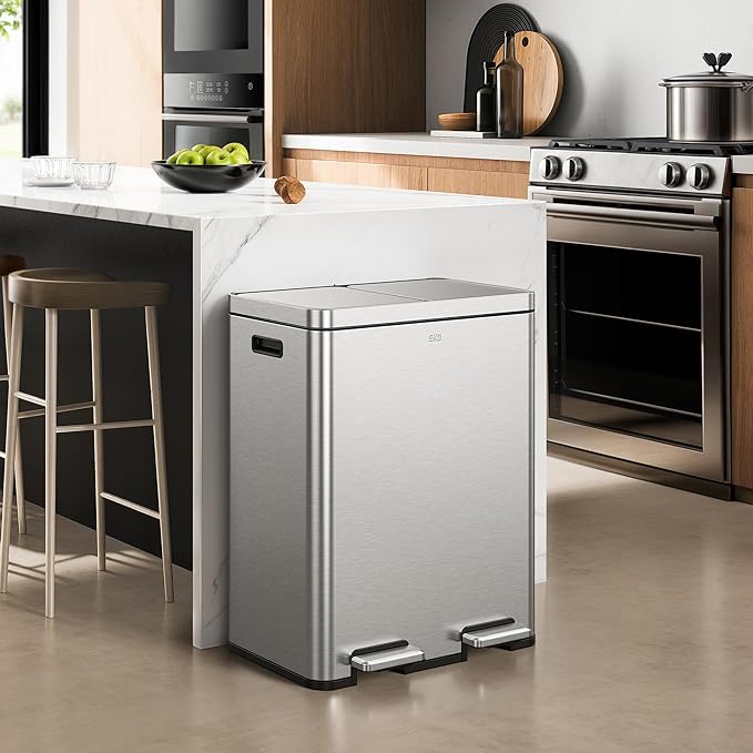 EKO Edison Dual Trash Can for Recycling and Trash, 8+8 Gallons Kitchen Garbage