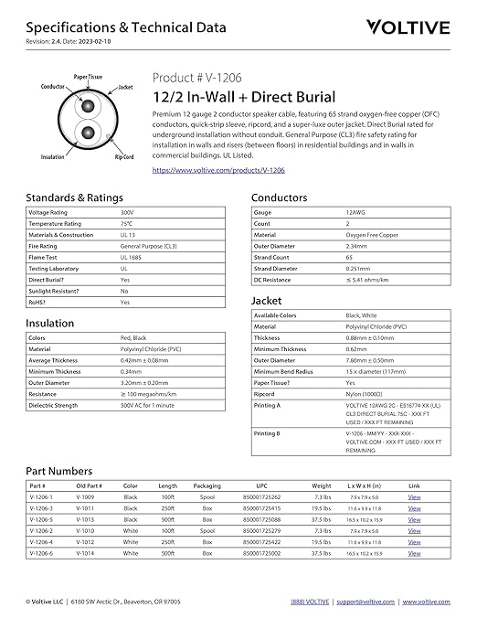 Voltive 12/2 Speaker Wire, in-Wall CL3 & Direct Burial, 100ft