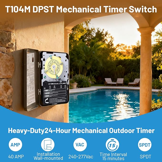 T104M Mechanical Time Switch, 208-277V AC 40A DPST, 24-Hour Dial (4 Pairs)