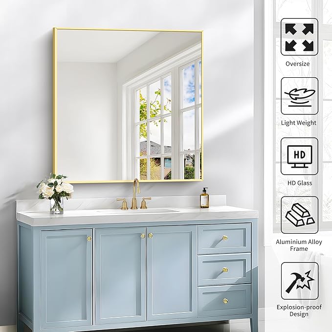 Gold Bathroom Mirror for Wall, 30x30 Inch Rectangle Mirrors