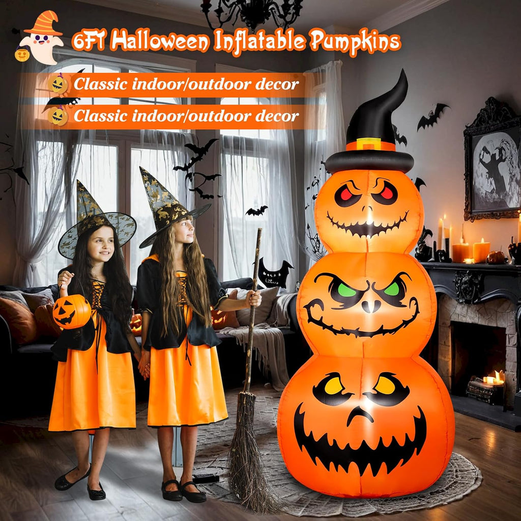 FunFanso 6 FT Halloween Inflatable Pumpkins Outdoor Yard Decorations, Blow up Pumpkins with Witch’s Hat and Bright LED Lights, Spooky Stacked Pumpkins for Garden Lawn Porch Holiday Indoor Party Home