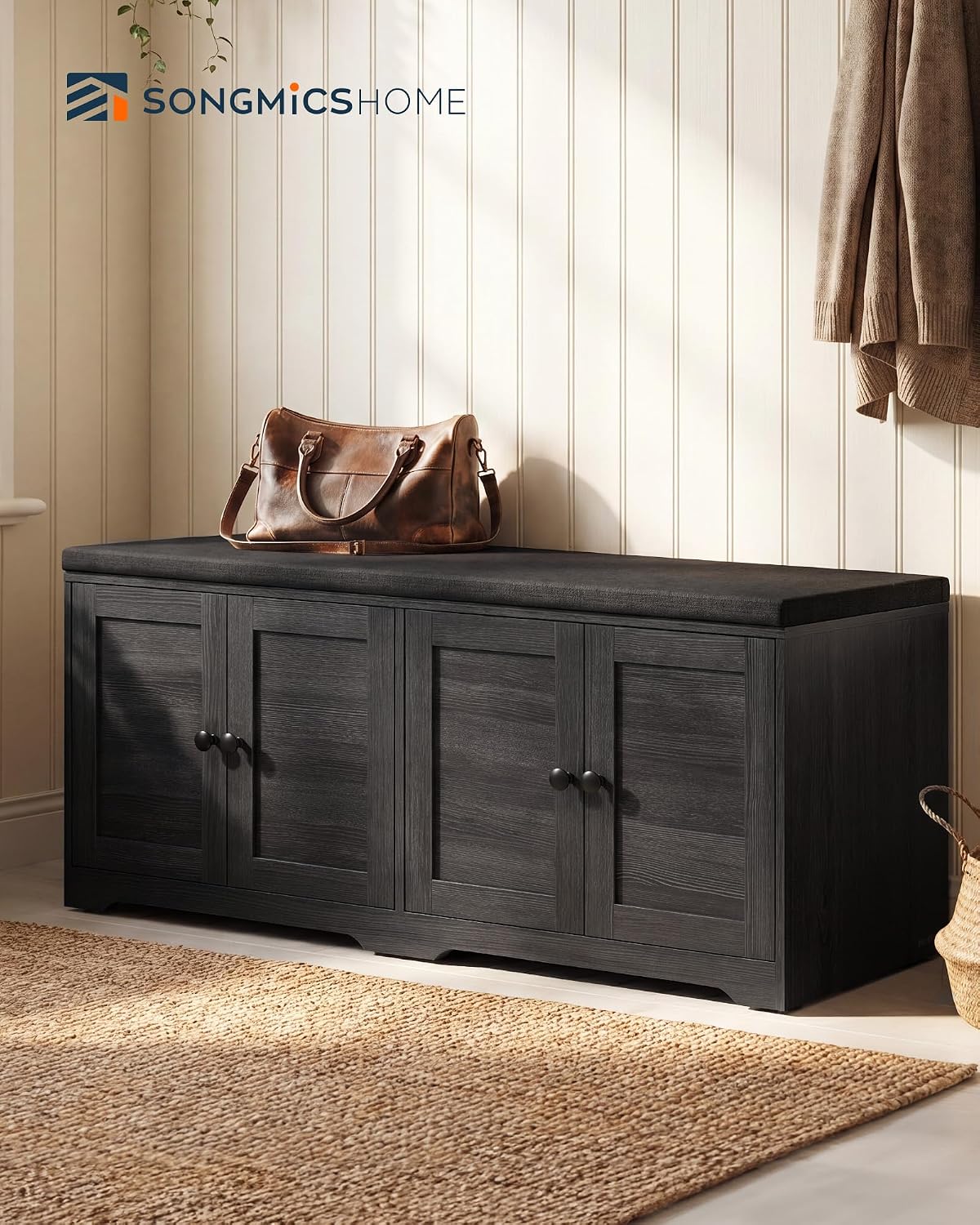songmics home 3-tier entryway bench, shoe bench with, close-up detail