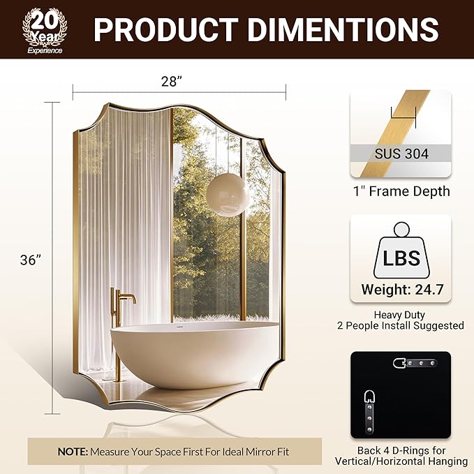 ANDY STAR Bathroom Mirror, 28x36 Inch Brushed Gold Vanity Mirror, Stainless