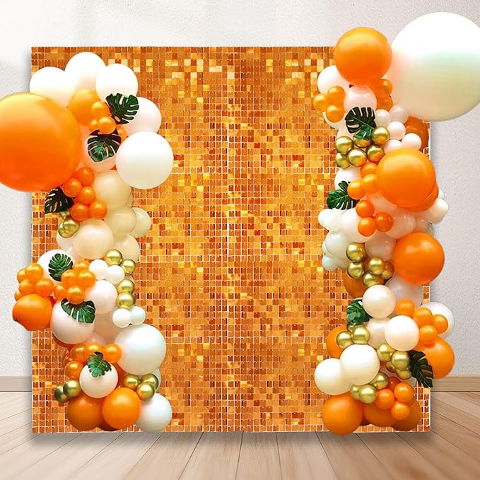24PCS Orange Shimmer Wall Backdrop, Square Sequin Backdrops Panel, Glitter Wall Background for Birthdays, Weddings, Halloween, Thanksgiving, Disco Bachelorette Party Decoration (4FTx6FT)