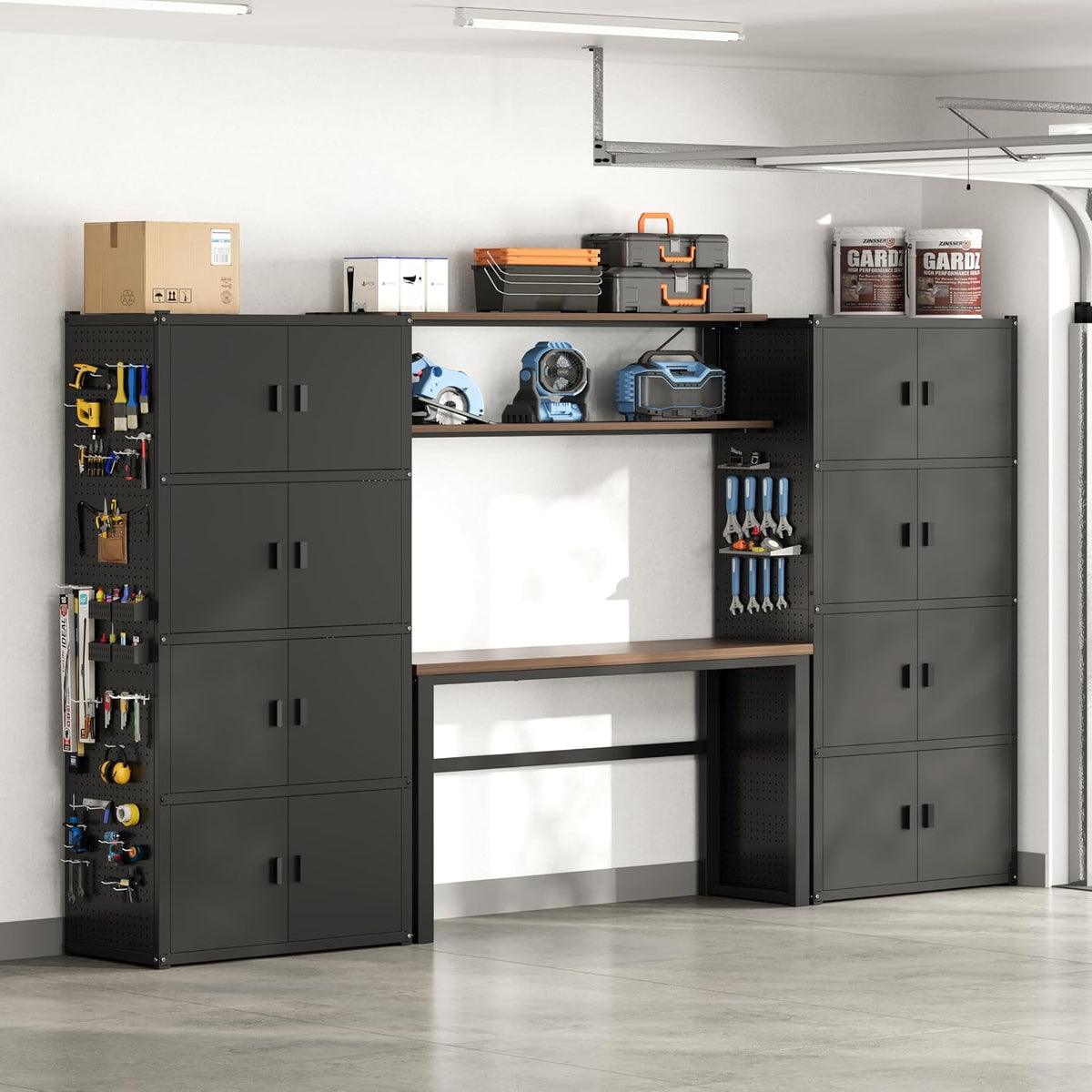 FLEXIMOUNTS 117" L Modular Garage Storage Cabinet with Workbench, Black