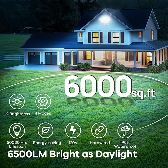 OREiN 42W 6500LM Motion Sensor Outdoor Flood Light, Hardwired LED Security Light