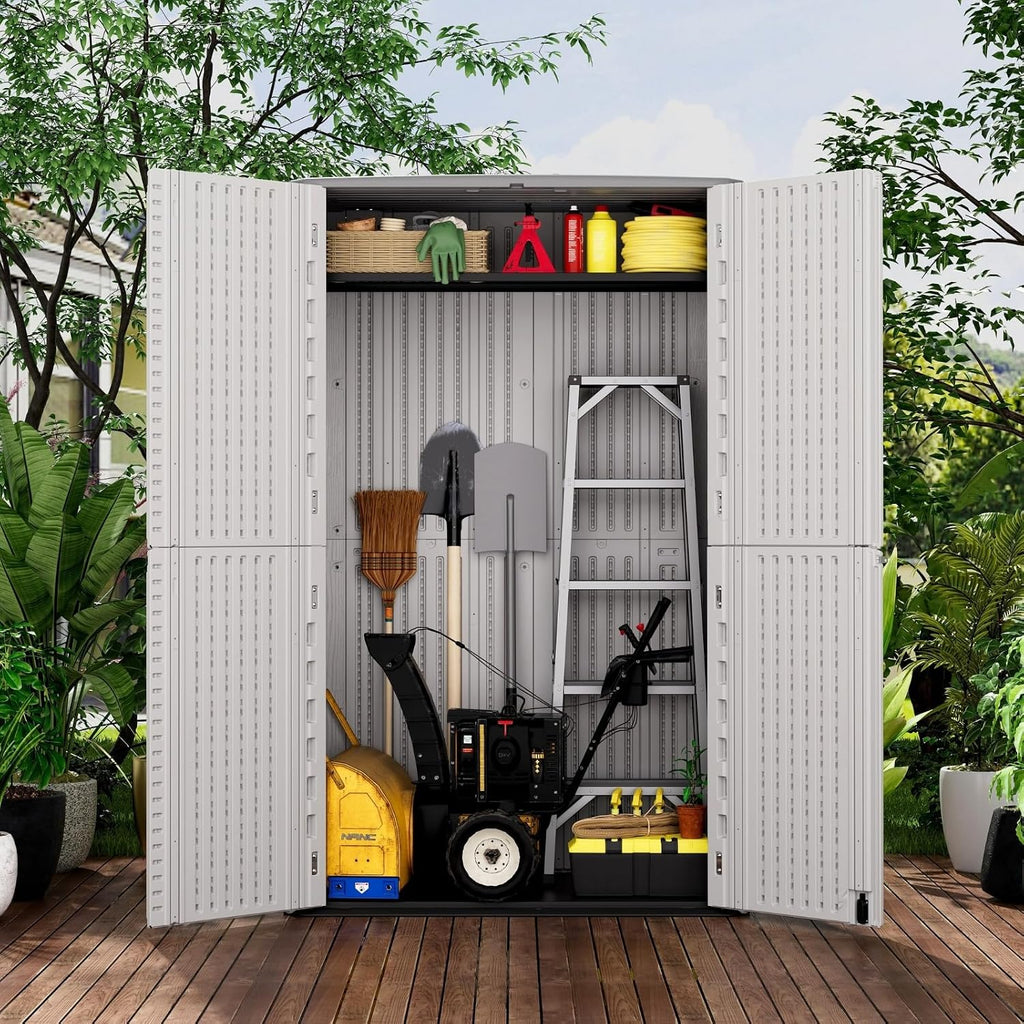 zzm large 67 cu.ft waterproof storage shed, outdoor shown in use