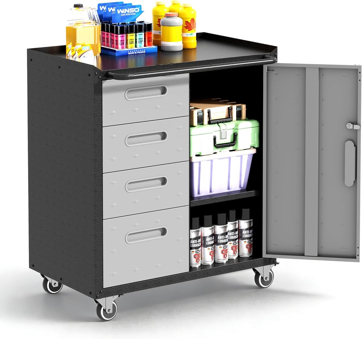 Garage Cabinets,Metal Garage Storage Cabinet with Wheels,Lockable Rolling Tool Cabinet with Drawer and Adjustable Shelves,Heavy Duty Tool Chest for Home Office Utility Room,Black/Grey