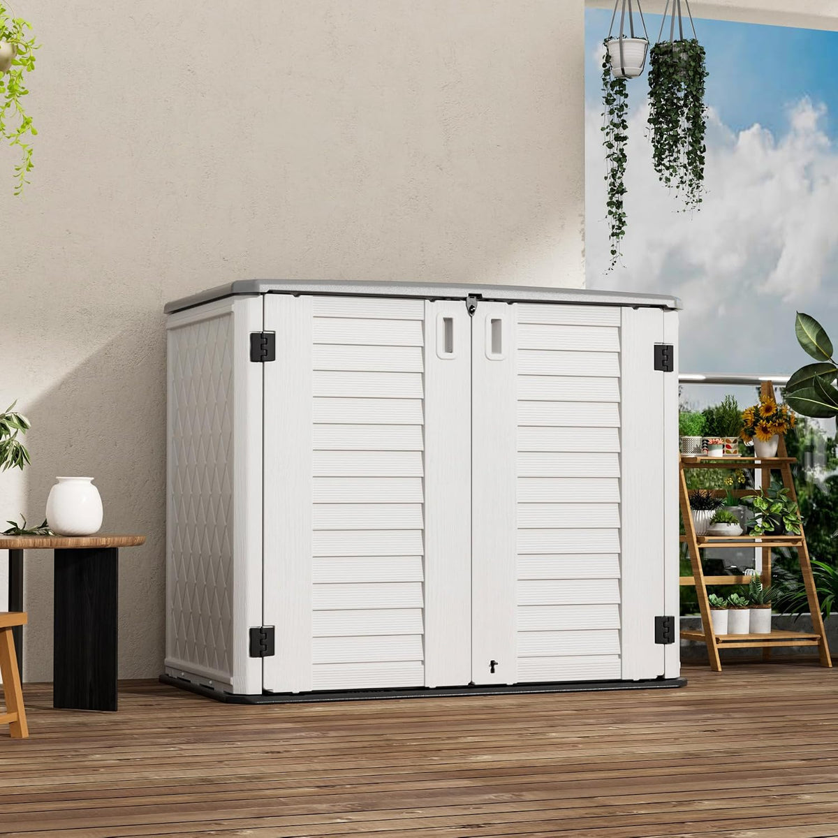 mrosaa outdoor patio storage shed,waterproof horizontal outdoor storage shown in use