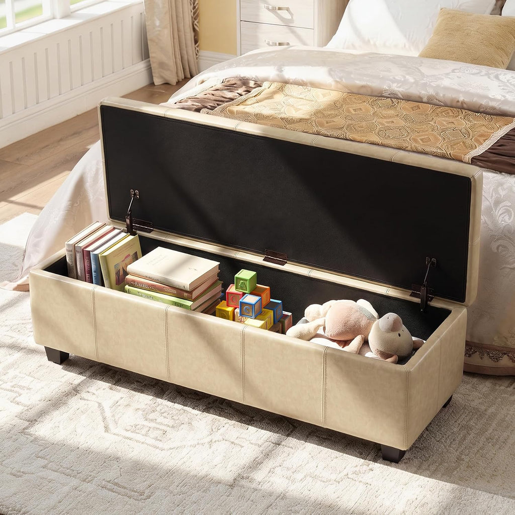 51 inch storage ottoman bench,pu leather oversized bench showing dimensions