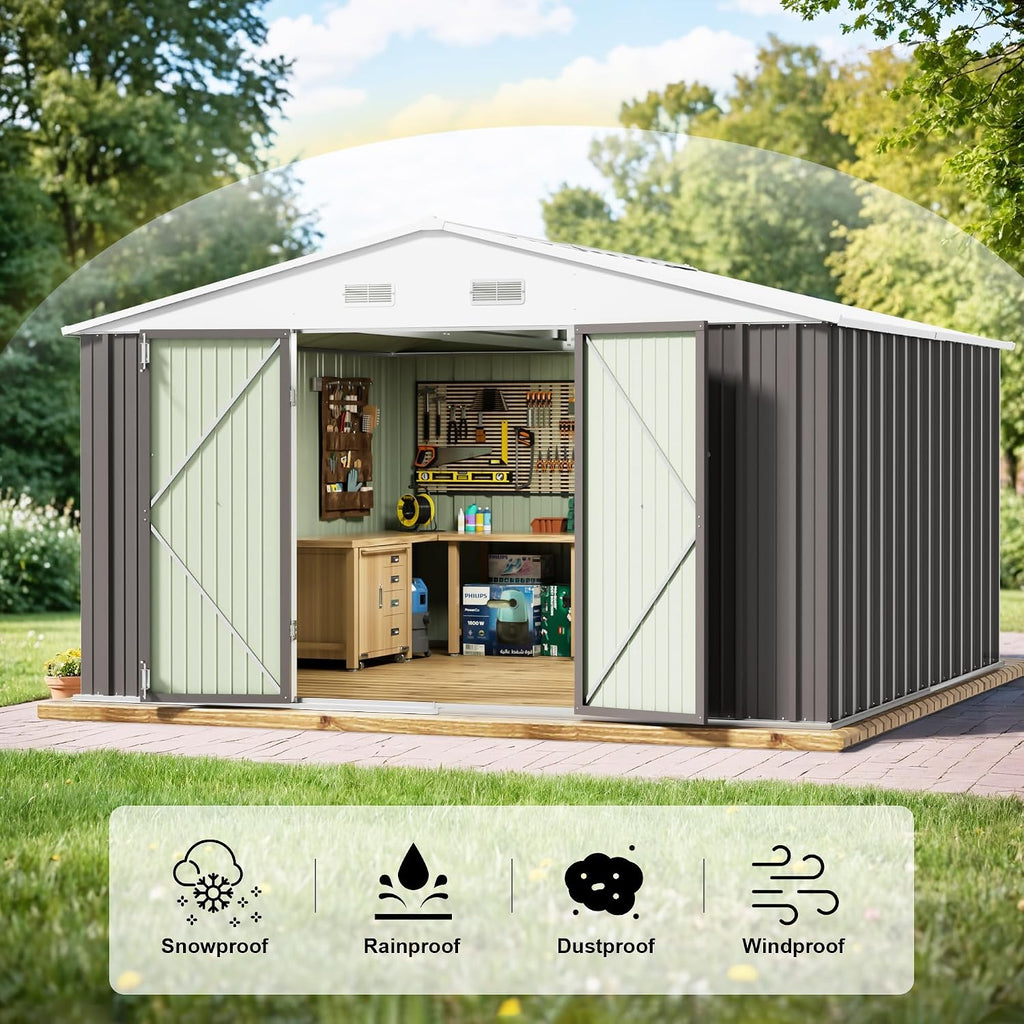 jummico 10x10 ft outdoor storage shed, grey showing dimensions