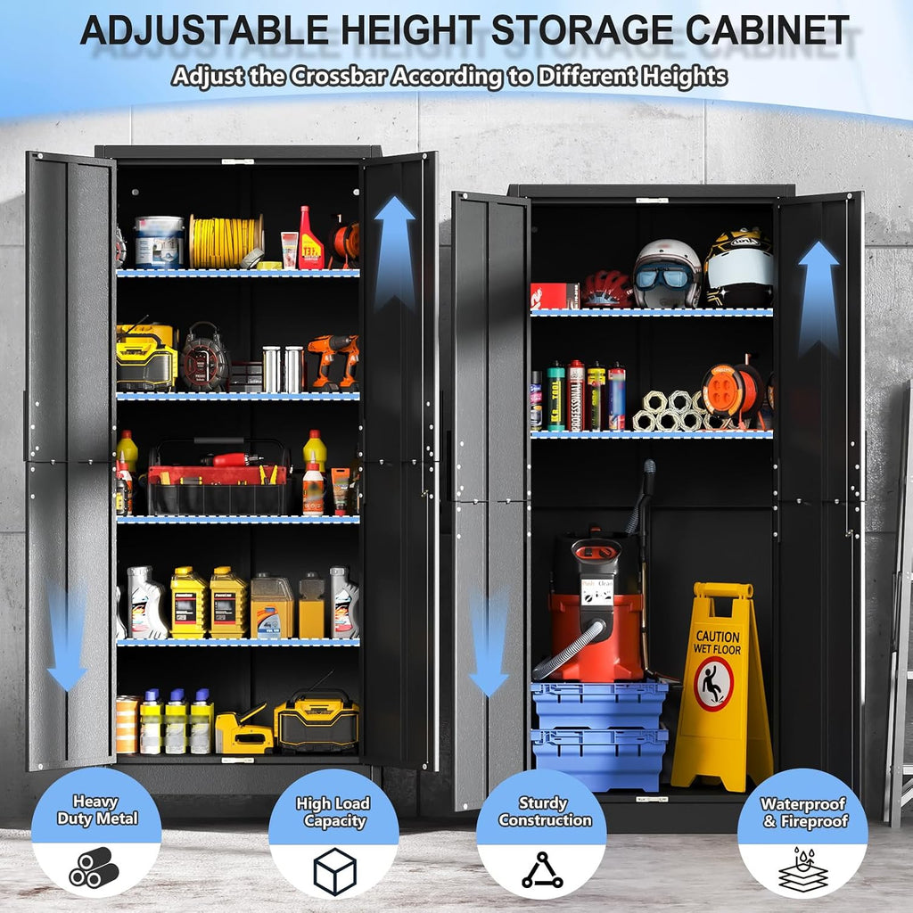 70.86" metal garage storage cabinet, lockable tall tool showing dimensions
