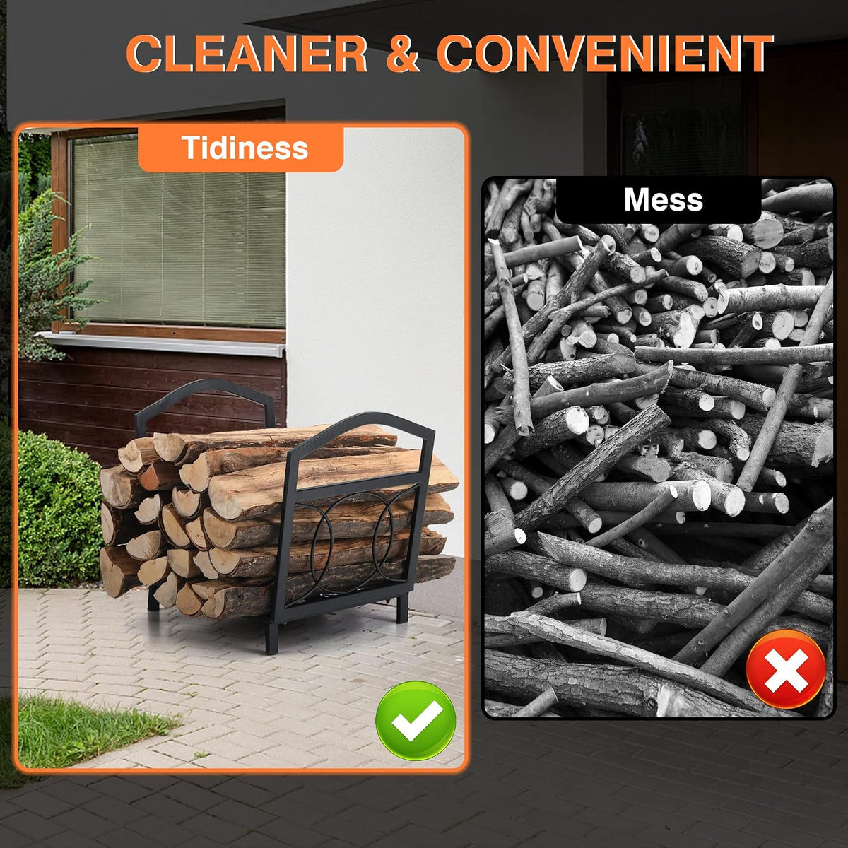 mfstudio firewood rack outdoor indoor, iron fire wood, close-up detail