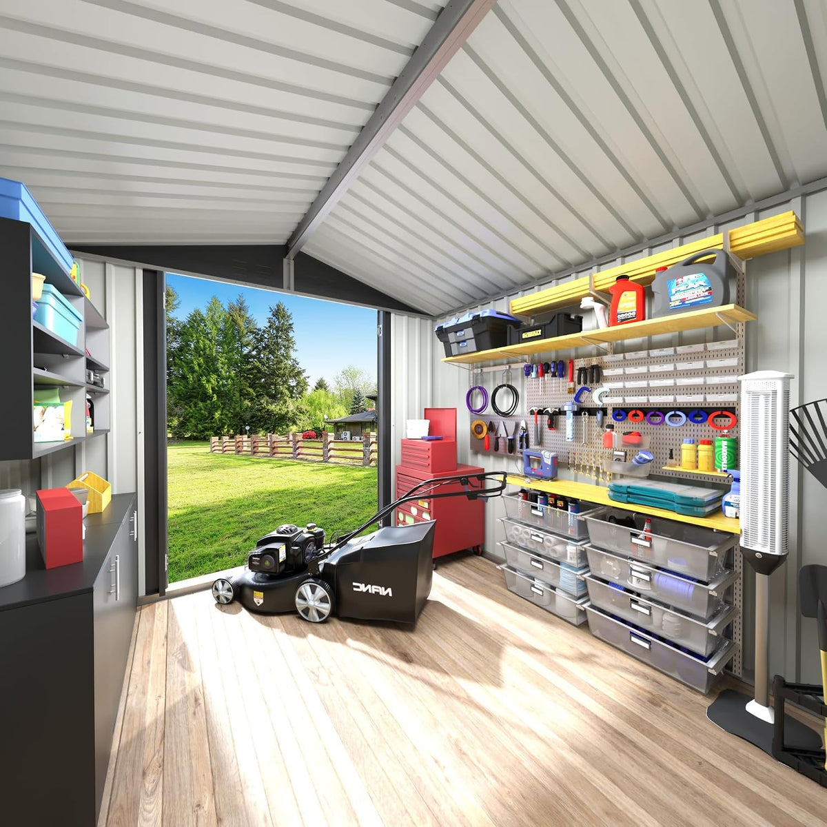 jummico 8x8 ft outdoor storage shed, tool metal showing dimensions