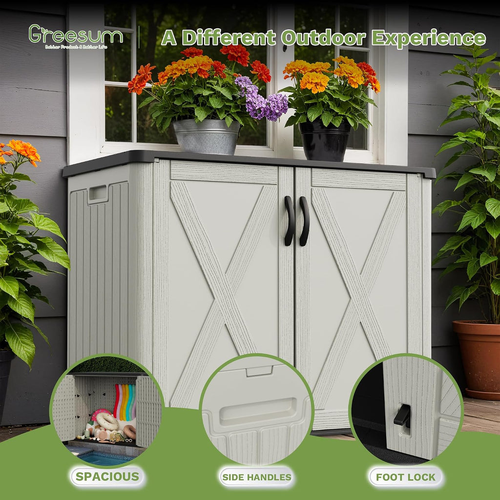 greesum 26 cuft outdoor storage box with lockable, side view