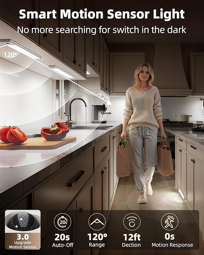 EZVALO 3 Pack Under Cabinet Lighting, 3200mAh Rechargeable Motion Sensor Light