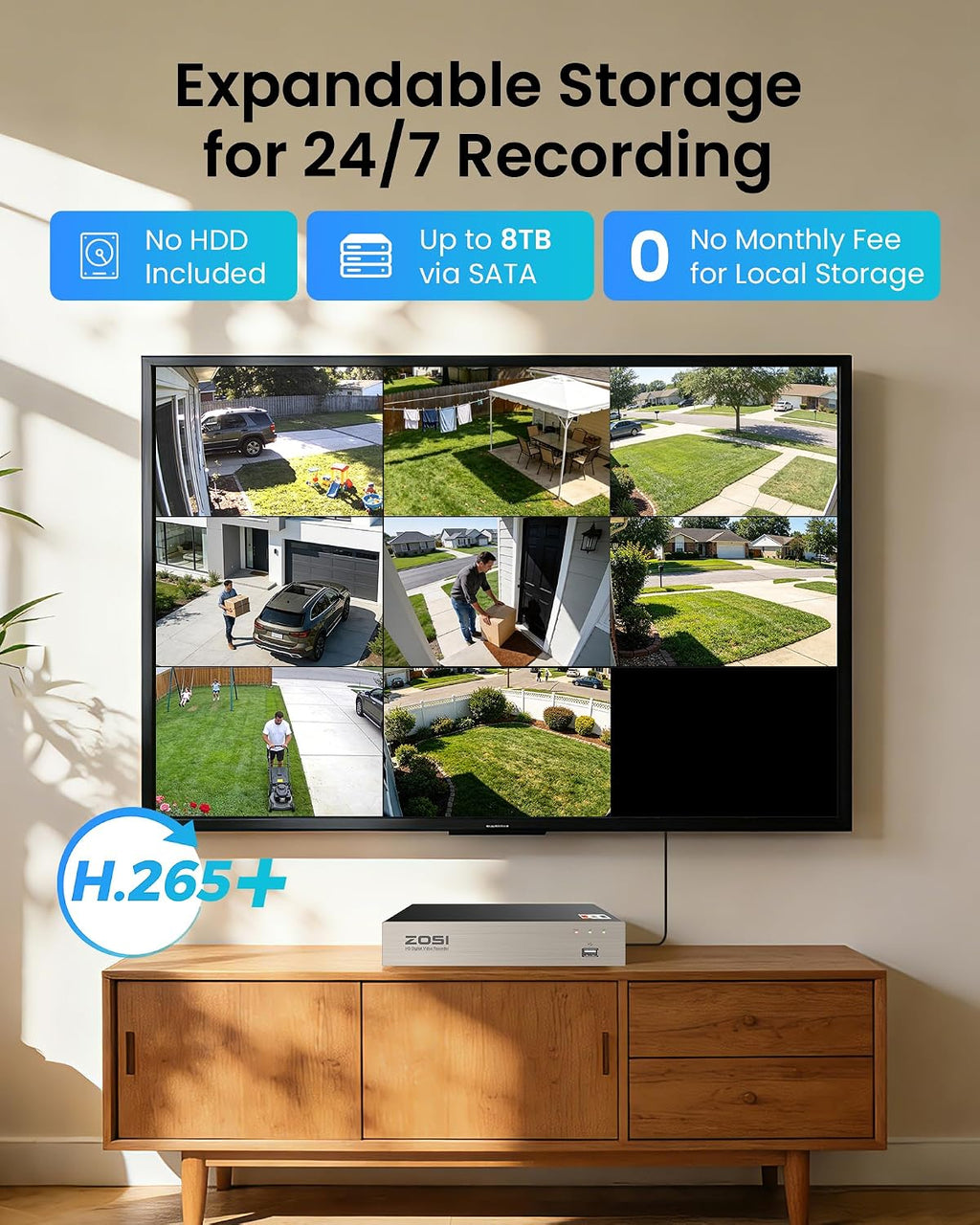 zosi 8ch 3k lite home security camera system showing dimensions