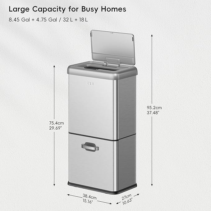 EKO Vintage 50L / 13.2 Gallon Motion Sensor Trash Can, Dual Compartment 32L +