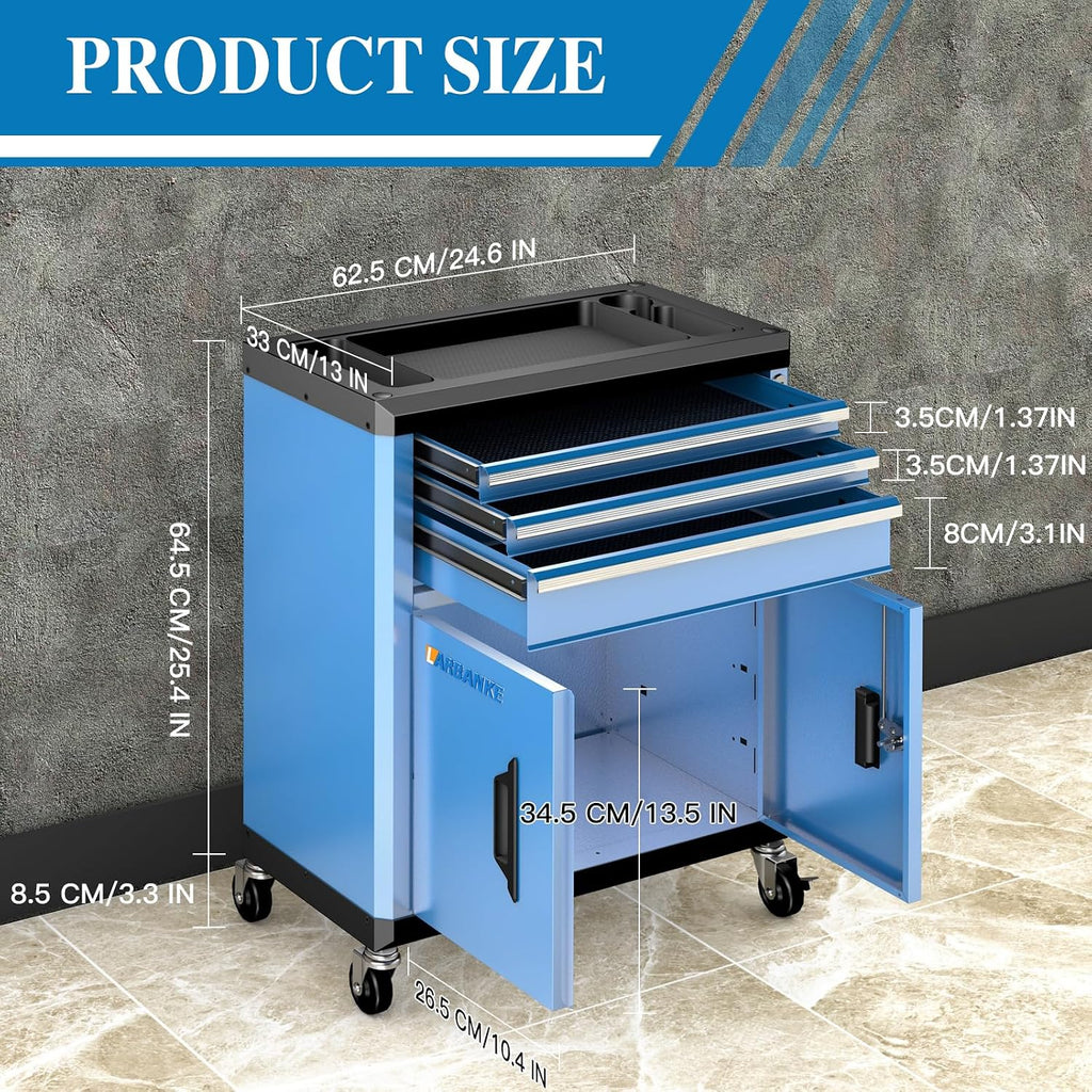 larbanke rolling tool chest with lock&keys,360° wheels and, side view