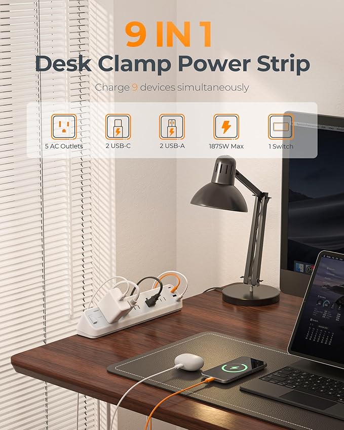 TESSAN Desk Clamp Power Strip 6 Ft, 2100J Surge Protector, 5 Outlets and 4 USB