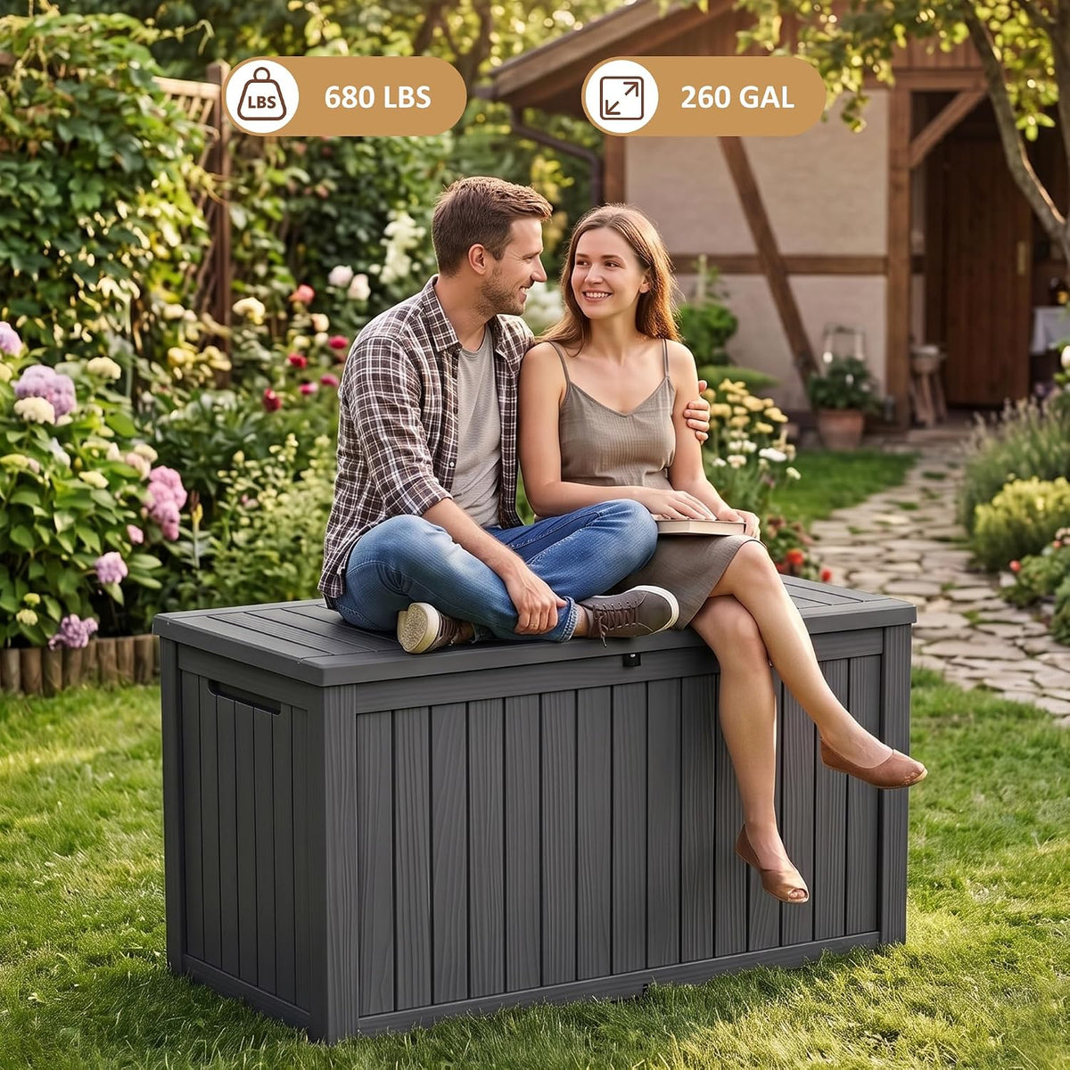 260 gallon large resin deck box, heavy duty shown in use