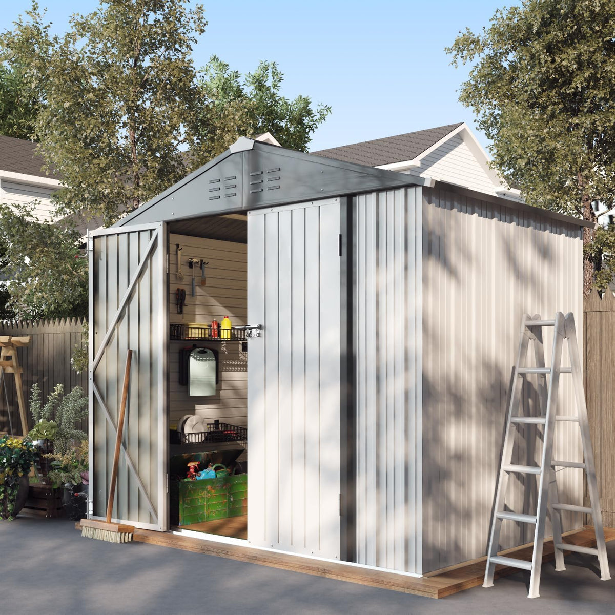 greesum 8x6ft outdoor storage shed utility tool shed shown in use