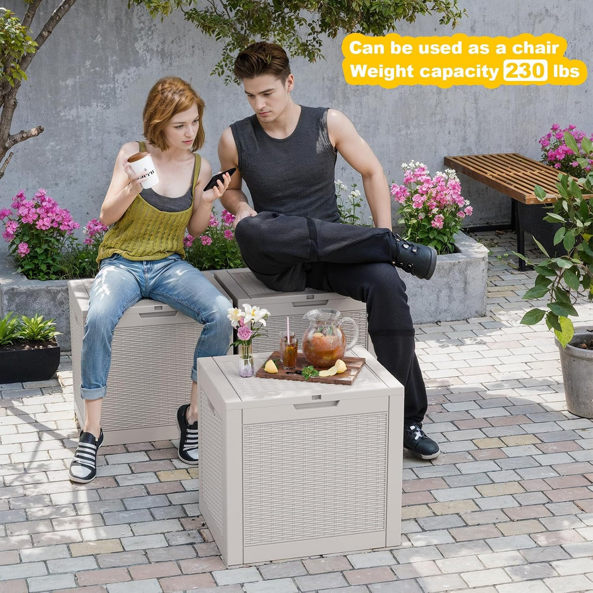patiozen 31 gallon wicker pattern resin deck box, side view