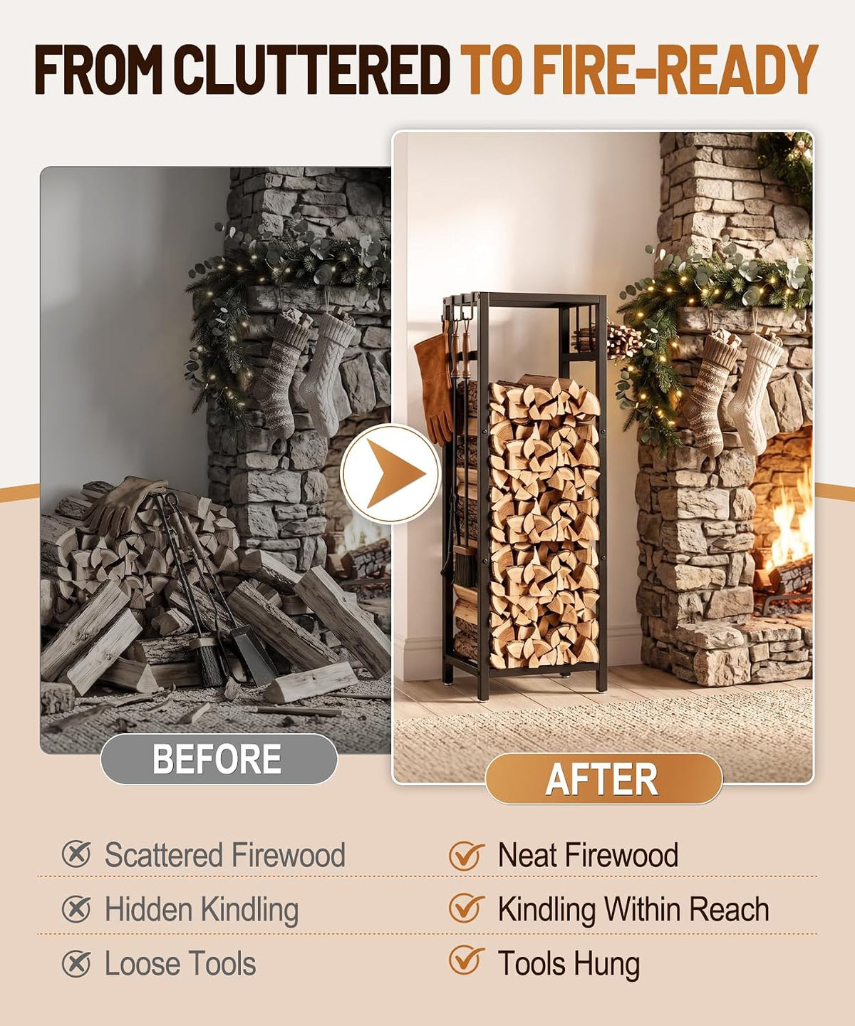 48.8in firewood rack indoor outdoor with hooks –, package contents