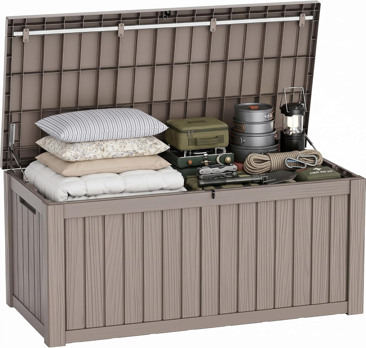 ROJIK 170 Gallon Waterproof Outdoor Deck Storage Box, UV Resistant， Lockable Resin Patio Storage Bin with Lid for Garden Tools, Patio Cushions & Outdoor Accessories(Grey)