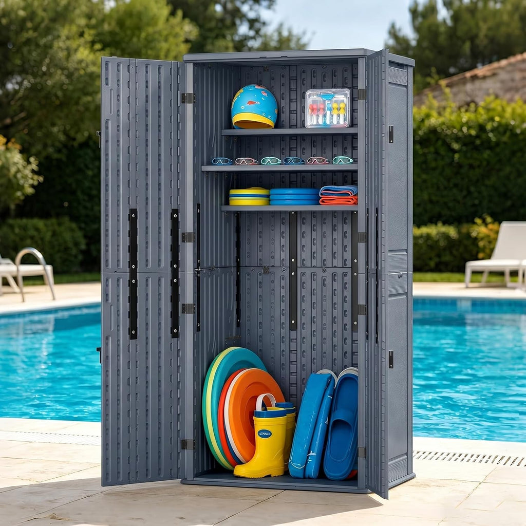 ZYJOYY Outdoor Storage Cabinet with 4 Shelves, 31.5" x 23.23" x 66.22" Grey Waterproof Resin Vertical Tool Shed, Lockable 30 cu.ft. Storage Shed for Patio, Garden, Yard
